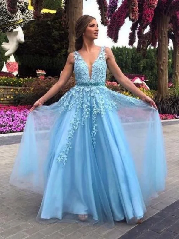 chic dresschic dressA Line V Neck Blue Lace Long Prom Dresses with Belt, Blue Lace Formal Graduation Evening Dresses SP2853