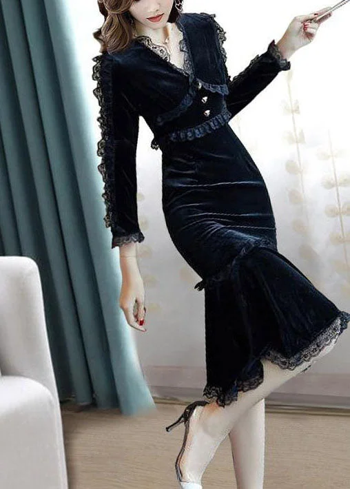 summer dresssummer dressSlim Fit Black V Neck Lace Patchwork Silk Velour Wraped Dress Spring