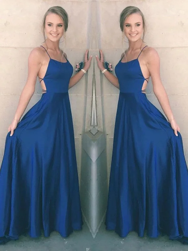 high-waisted dresshigh-waisted dressA Line Spaghetti Straps Backless Satin Royal Blue Prom Dresses, Royal Blue Formal Dresses, Graduation Dresses