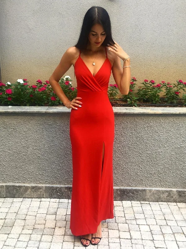 Act Fast V Neck Mermaid Floor Length Red Prom Dresses with Split, Mermaid Red Formal Dresses, Red Evening Dresses