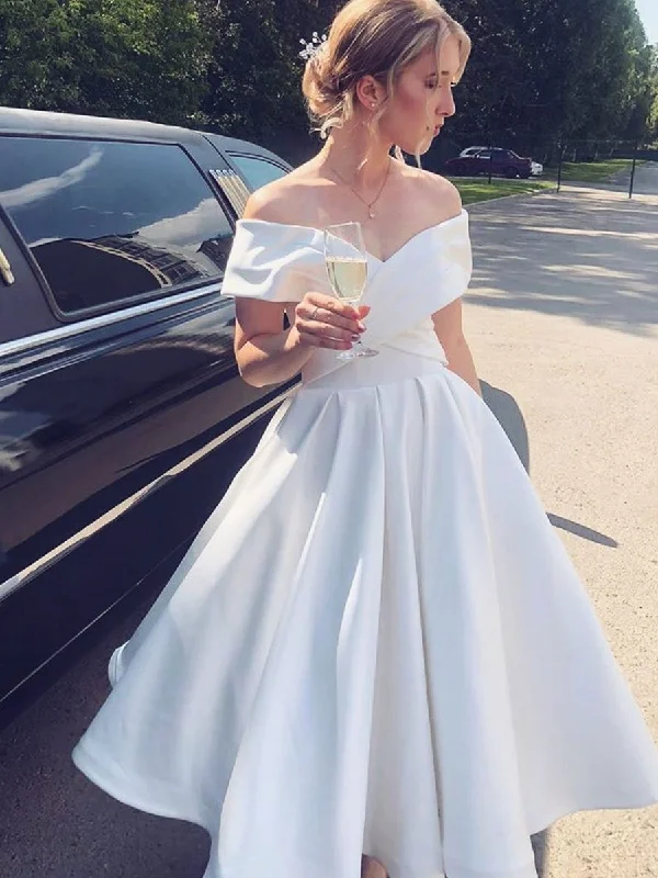 satin midi dresssatin midi dressElegant Off the Shoulder Tea Length White Satin Prom Dresses, Off Shoulder White Formal Graduation Homecoming Dresses