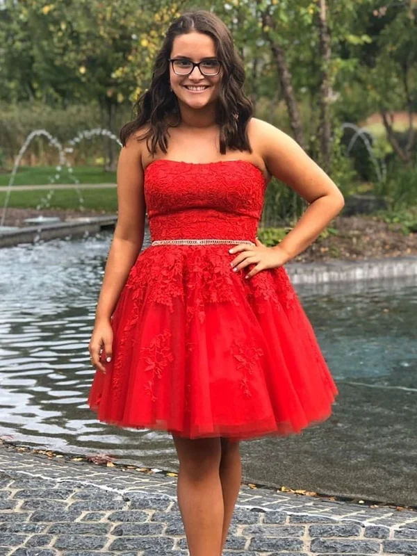 comfy dresscomfy dressStrapless Red Lace Short Prom Dresses with Belt, Red Lace Homecoming Dresses, Short Red Formal Graduation Evening Dresses SP2408