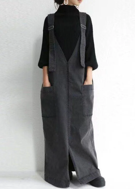 chic dresschic dressUnique Dark Grey V Neck Pockets Patchwork Denim Carpenter Dress Spring