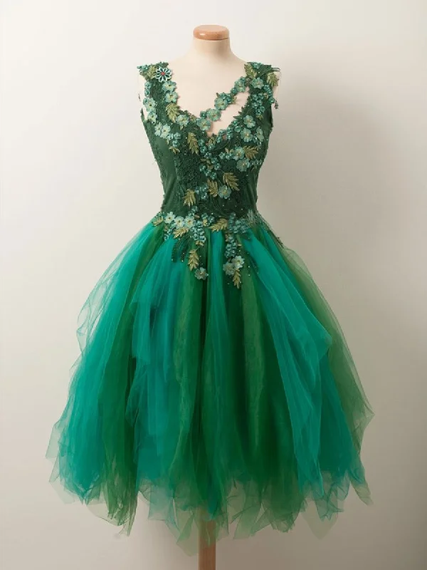 cocktail party dresscocktail party dressUnique Beaded Floral Short Green Lace Prom Dresses, Fluffy Green Lace Formal Graduation Homecoming Dresses