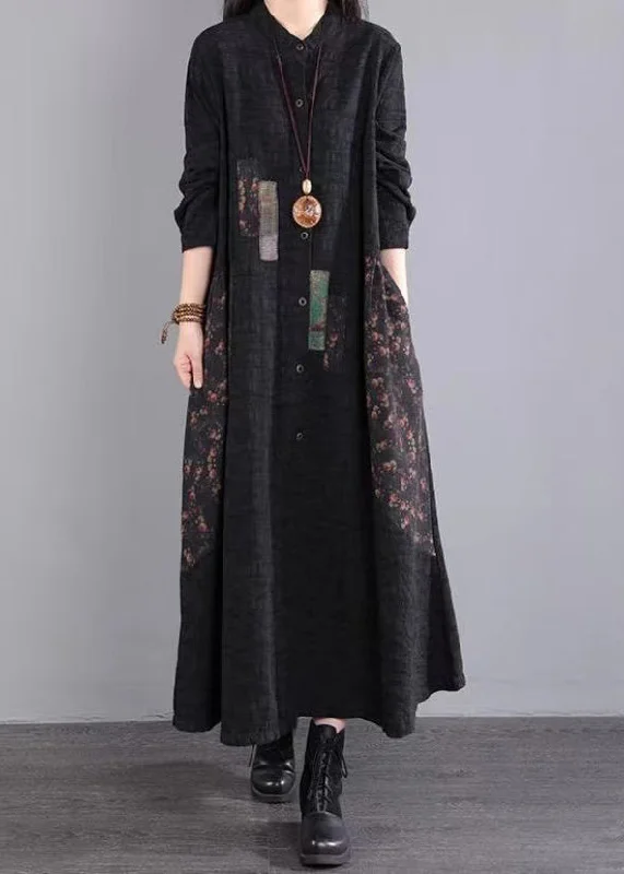 Price Reduction Simple Black Stand Collar Print Button Patchwork Cotton Dress Fall
