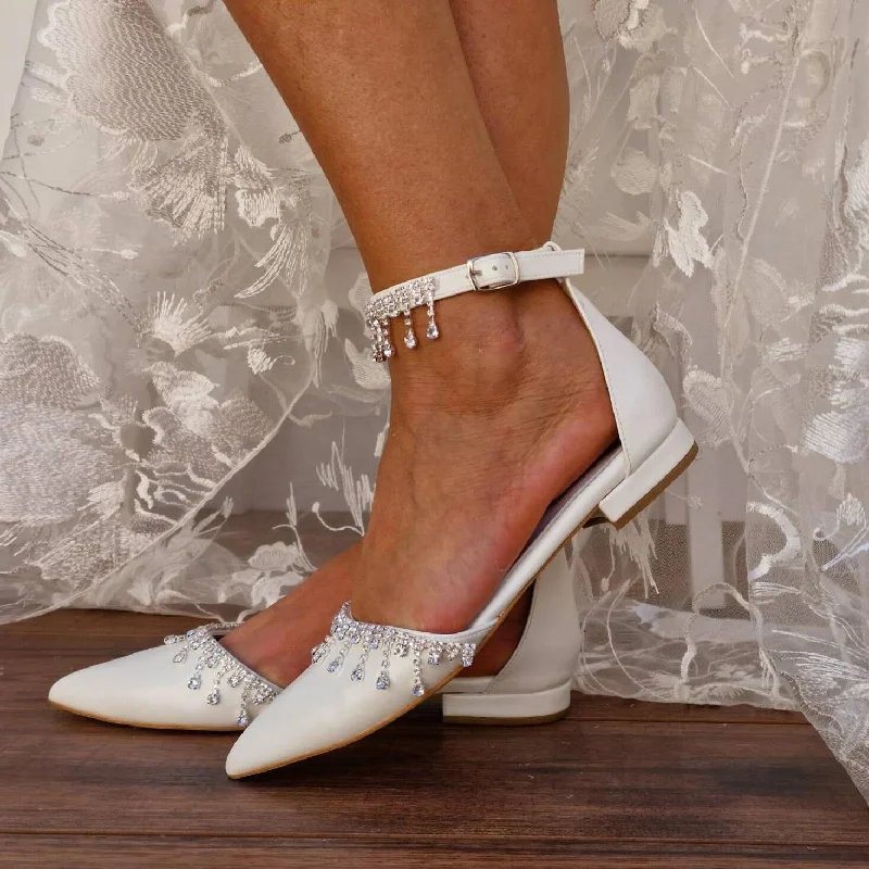 ruffle dressruffle dressWhite Crystal Ankle Strap Pointy Flat Shoes 708270132734