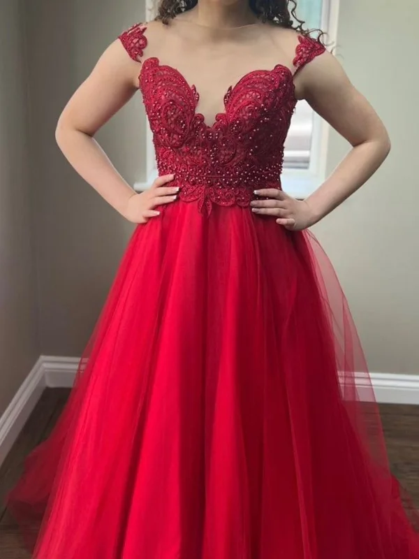 office dressoffice dressRound Neck Beaded Red Lace Long Prom Dresses, Red Tulle Formal Dresses, Beaded Red Evening Dresses SP2680