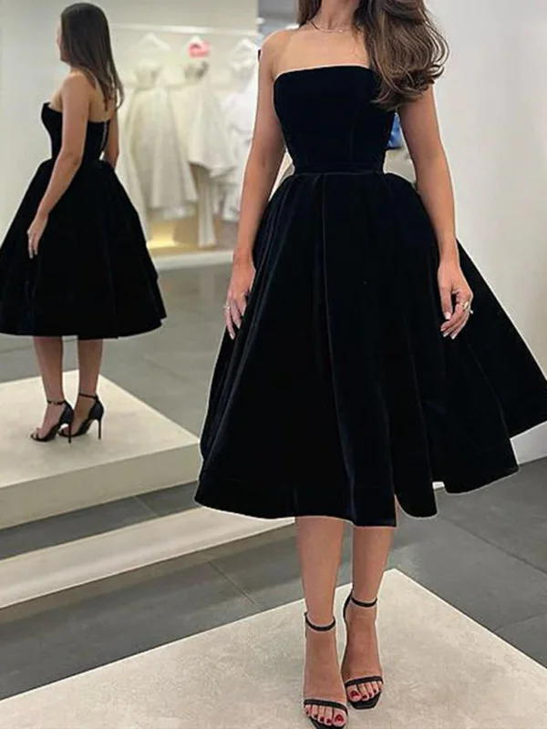 wrap-around dresswrap-around dressStrapless Tea Length Black Velvet Prom Dresses, Black Velvet Homecoming Dresses, Black Formal Evening Dresses SP2461