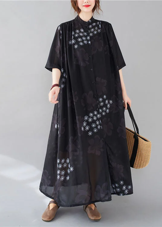Extra Discounts Bohemian Black Stand Collar Oversized Print Chiffon Shirt Dresses Summer