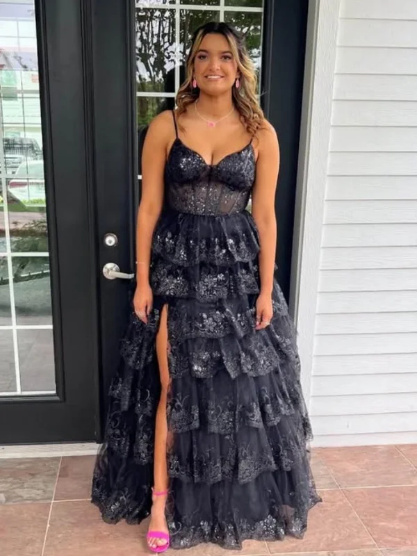 backless dressbackless dressA Line V Neck Layered Black Lace Long Prom Dresses with High Slit, Black Lace Formal Graduation Evening Dresses SP3072