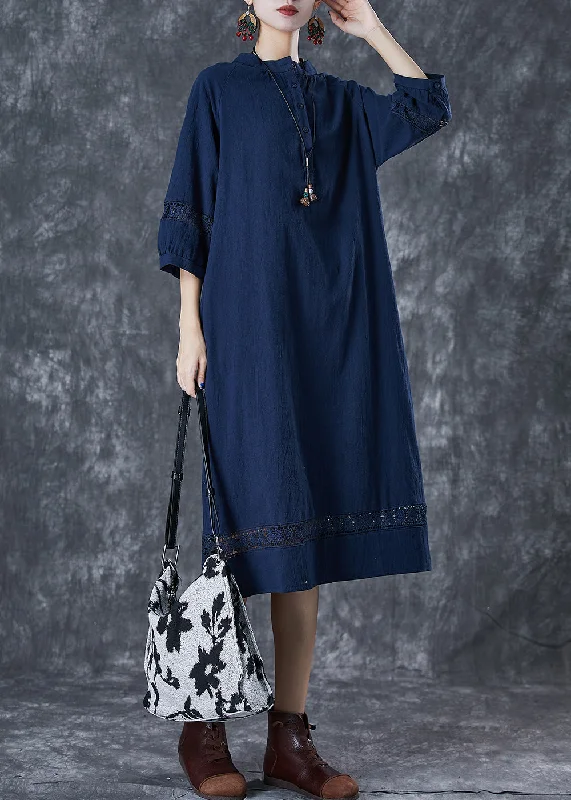 Markdowns Navy Hollow Out Cotton Maxi Dress Oversized Bracelet Sleeve