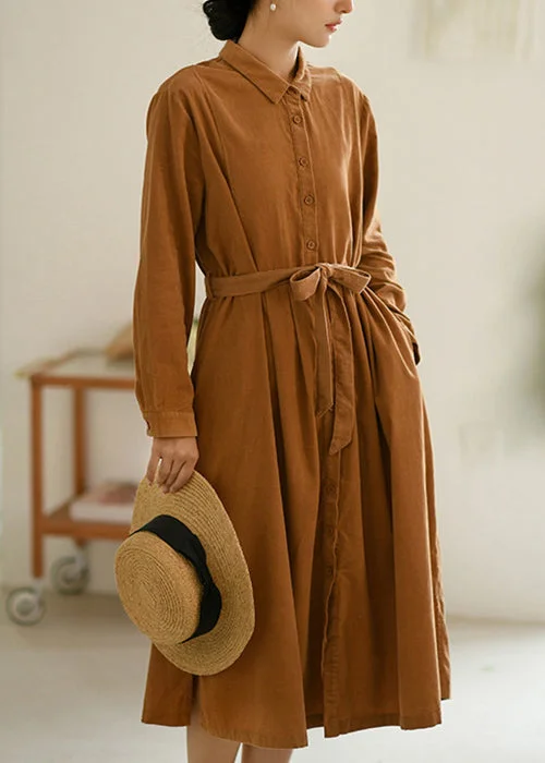 Limited Time New Light Camel Button Tie Waist Patchwork Corduroy Shirts Dress Fall