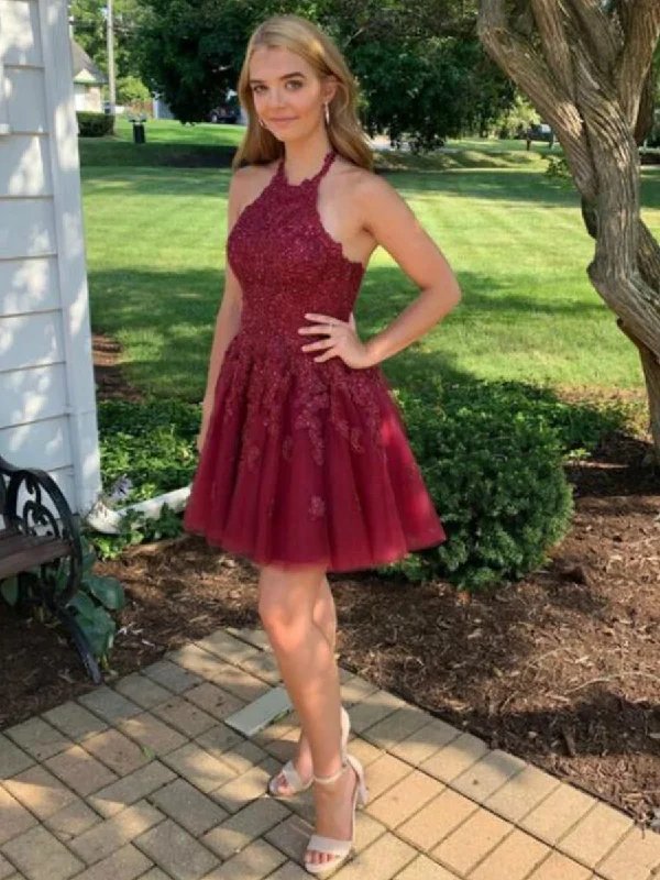 Price Cut A Line Halter Neck Cross Back Burgundy Lace Short Prom Dresses Homecoming Dresses, Burgundy Lace Formal Graduation Evening Dresses