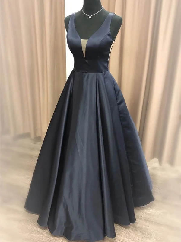 Super Deal Simple A Line V Neck Black Long Prom Dresses, Black Formal Graduation Evening Dresses