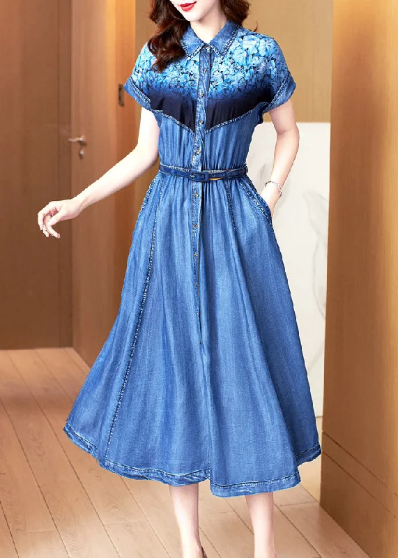 Discount Deals Chic Blue Peter Pan Collar Print Patchwork Button Sashes Cotton Vacation Denim Long Dresses Summer