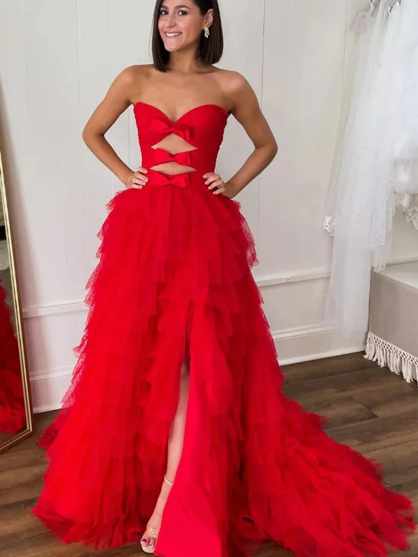 elegant shift dresselegant shift dressStrapless Red Ruffle Tulle Long Prom Dresses with High Slit, Long Red Formal Graduation Evening Dresses with Train SP2921