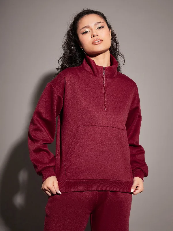 athletic casual sweatshirtWomen Maroon Fleece Front Zipper Sweatshirt