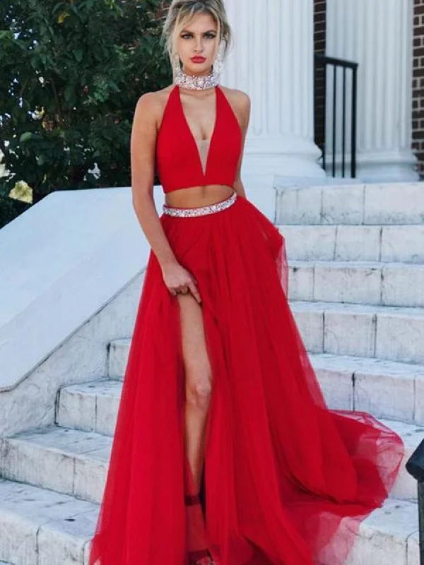 Online Only A Line V Neck Two Pieces Tulle Red Long Prom Dresses with Slit, Red Formal Dresses, Red Evening Dresses Online Only A Line V Neck Two Pieces Tulle Red Long Prom Dresses with Slit, Red Formal Dresses, Red Evening Dresses