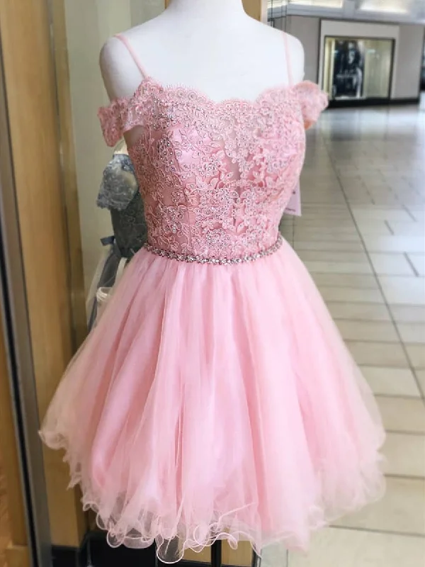 Last Chance A Line Off Shoulder Lace Pink Short Prom Homecoming Dresses, Off Shoulder Pink Lace Formal Graduation Evening Dresses