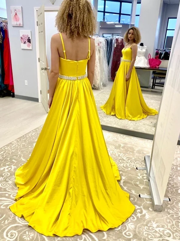 Final Markdown A Line Open Back Yellow Long Prom Dresses with Belt, High Slit Yellow Formal Dresses, Yellow Evening Dresses