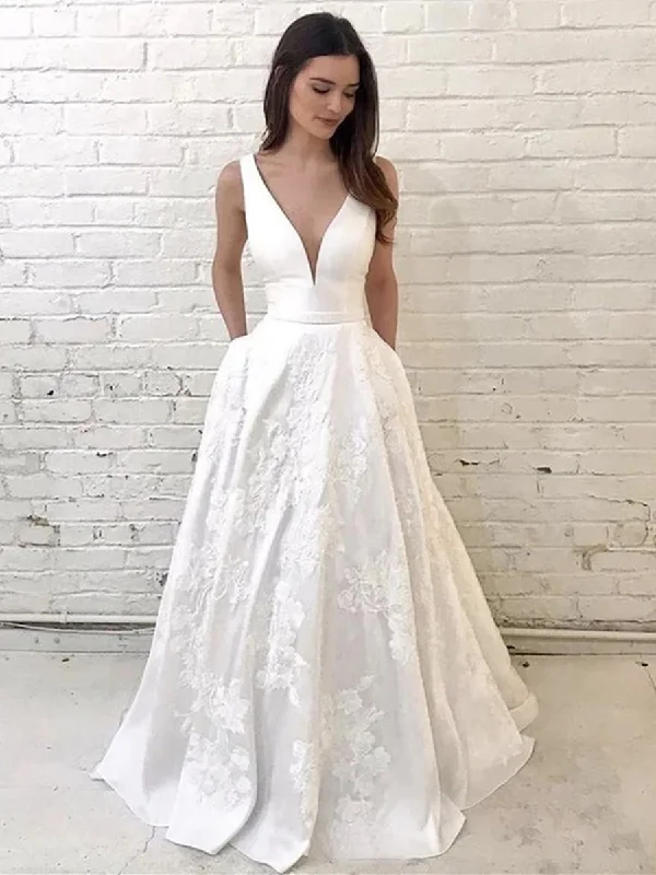 Markdown Madness Unique V Neck Lace Appliques White Long Prom Wedding Dresses, V Neck White Lace Formal Dresses, White Lace Evening Dresses Markdown Madness Unique V Neck Lace Appliques White Long Prom Wedding Dresses, V Neck White Lace Formal Dresses, White Lace Evening Dresses