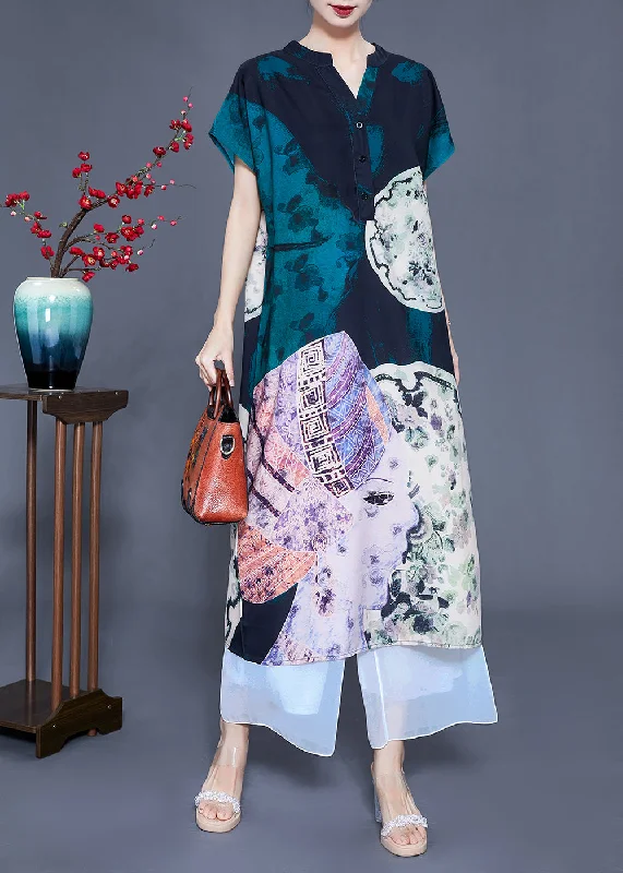 knit dressknit dressWomen V Neck Original Design Print Silk Long Dress Summer