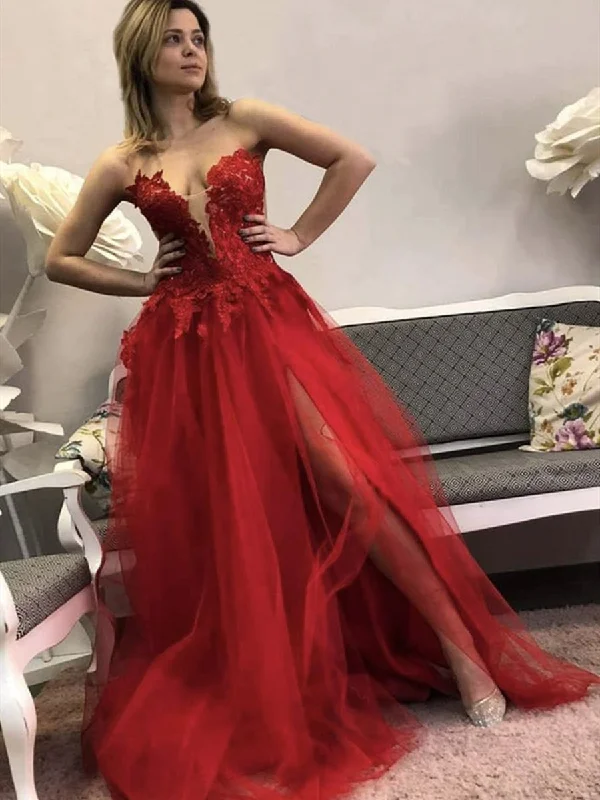 Unmissable Offer Deep V Neck Red Lace Floral Long Prom Dresses with Slit, Red Lace Formal Dresses, Red Evening Dresses Unmissable Offer Deep V Neck Red Lace Floral Long Prom Dresses with Slit, Red Lace Formal Dresses, Red Evening Dresses