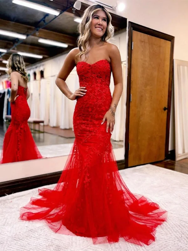 statement dressstatement dressStrapless Mermaid Red Lace Long Prom Dresses, Mermaid Red Formal Dresses, Red Lace Evening Dresses SP2592