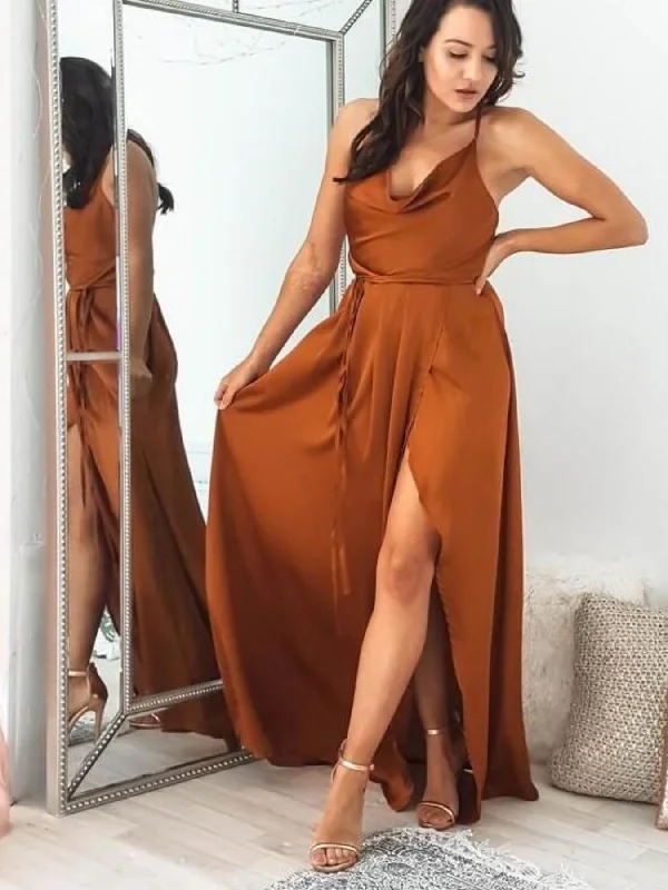 party-ready dressparty-ready dressSimple A Line Brown Long Prom Dresses with High Slit, Long Brown Formal Graduation Evening Dresses SP2818