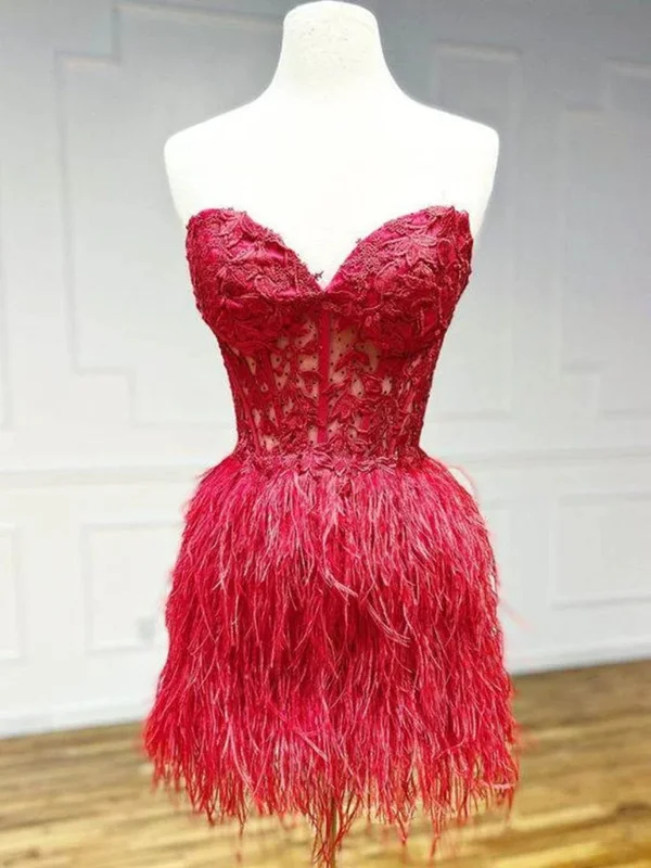 off-shoulder dressoff-shoulder dressStrapless Beaded Burgundy/Pink/Black Lace Feather Short Prom Dresses, Burgundy/Pink/Black Lace Homecoming Dresses, Burgundy/Pink/Black Formal Graduation Evening Dresses SP2782