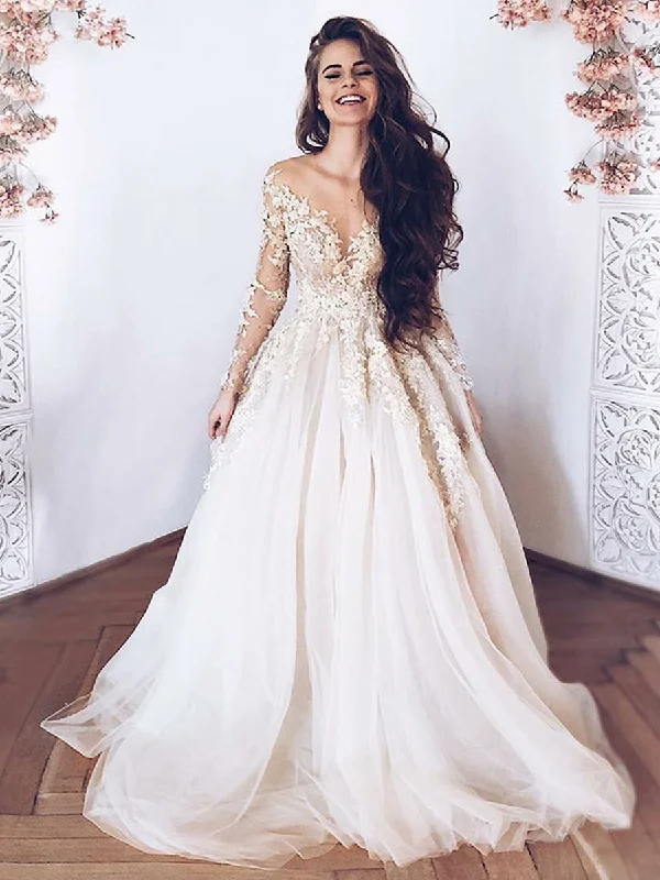 sophisticated dresssophisticated dressLong Sleeves Lace Appliques Light Champagne Tulle Long Prom Dresses Wedding Dresses, Champagne Lace Formal Dresses, Evening Dresses