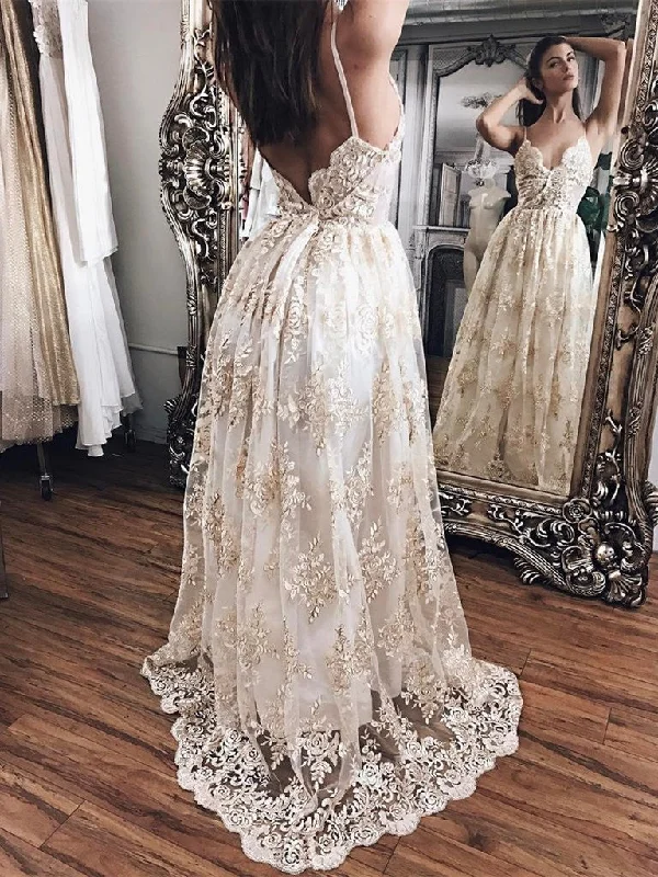 Shop and Save Custom Made A Line V Neck Backless Lace Wedding Dress with Champagne Appliques, Backless Prom Dresses, Graduation Dresses, Formal Dresses Shop and Save Custom Made A Line V Neck Backless Lace Wedding Dress with Champagne Appliques, Backless Prom Dresses, Graduation Dresses, Formal Dresses