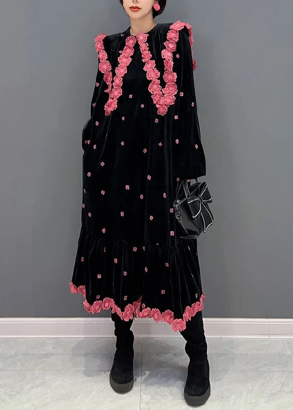 elegant maxi dresselegant maxi dressFrench Black O Neck Floral Silk Velour Maxi Dress Winter