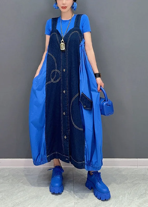 Deal Dash Chic Blue Oversized Patchwork Cotton Denim Strap Dress Summer