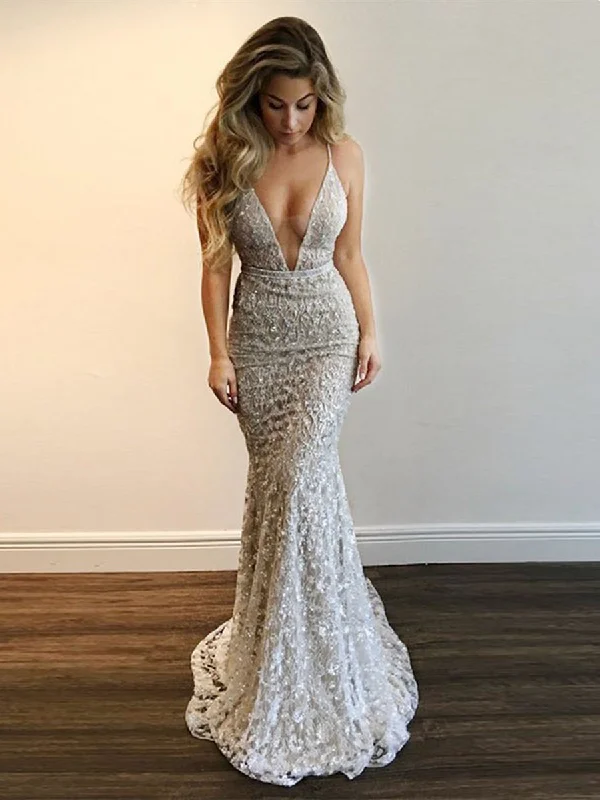 Deal Dash Deep V Neck Spaghetti Straps Mermaid Backless Lace Silver Prom Dresses with Sequins, Silver Formal Dresses with Train, Evening Dresses Deal Dash Deep V Neck Spaghetti Straps Mermaid Backless Lace Silver Prom Dresses with Sequins, Silver Formal Dresses with Train, Evening Dresses