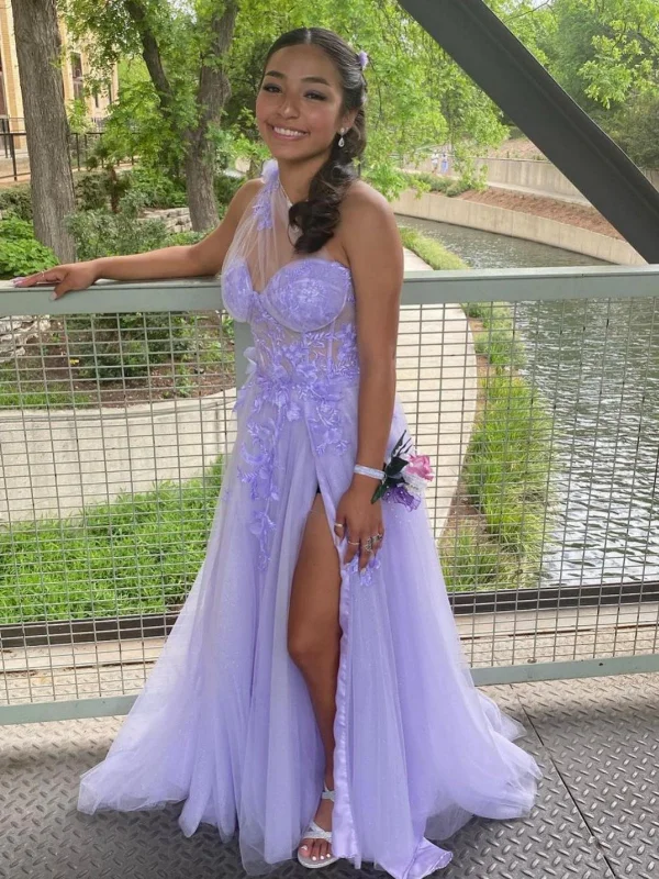 silk dresssilk dressOne Shoulder Purple Lace Floral Long Prom Dresses with High Slit, One Shoulder Lilac Formal Dresses with 3D Flowers, Purple Evening Dresses SP2582