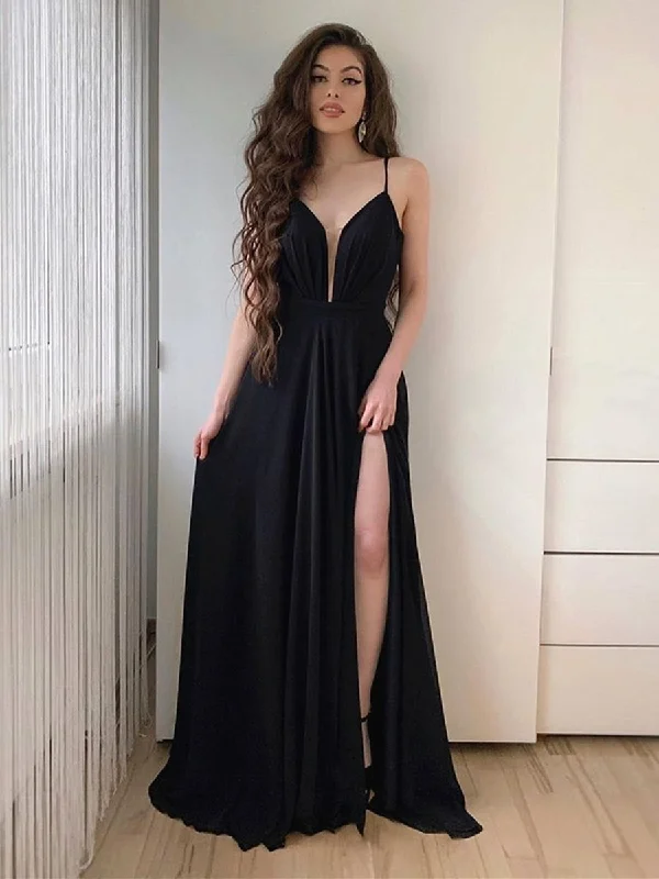 Act Now Simple A Line V Neck Long Black Prom Dresses with High Slit, V Neck Black Formal Graduation Evening Dresses