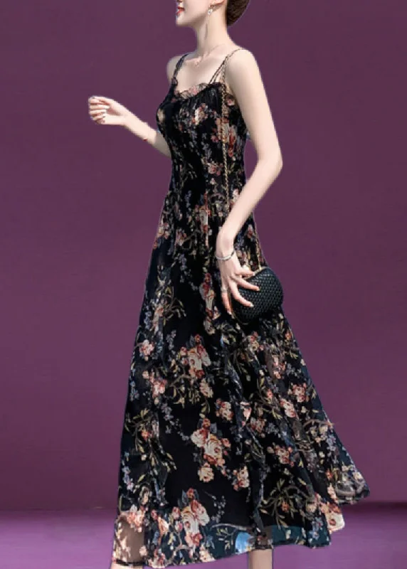 Special Price Slim Fit Black Slash Neck Ruffled Print Chiffon Long Slip Dress Summer Special Price Slim Fit Black Slash Neck Ruffled Print Chiffon Long Slip Dress Summer