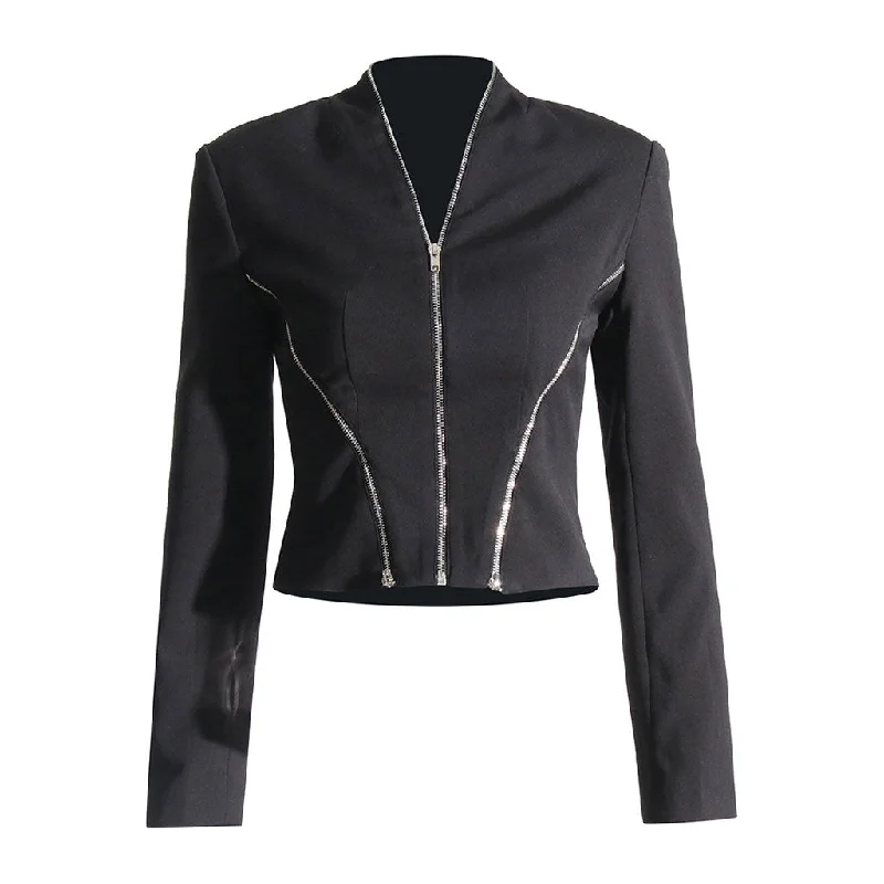 Don't Wait Unique Metallic Zip Up Collarless V Neck Padded Long Sleeve Crop Jacket