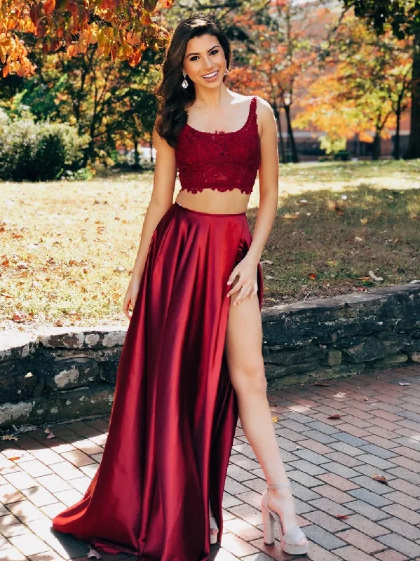 trendy wrap dresstrendy wrap dressBurgundy Two Pieces Lace Satin Long Prom Dresses with High Split, Two Pieces Burgundy Formal Dresses, Lace Burgundy Evening Dresses 2019