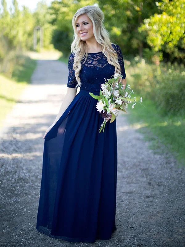 Early Bird Discount Half Sleeves Navy Blue Lace Long Prom Dresses, Navy Blue Lace Formal Dresses, Navy Blue Bridesmaid Dresses SP2174