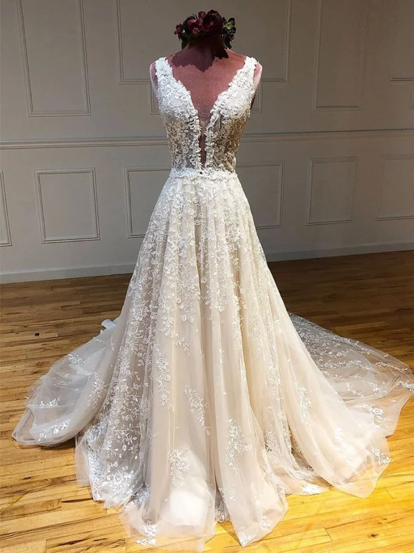 Extra Discounts Deep V Neck and V Back Champagne Lace Long Wedding Dresses, Champagne Lace Prom Formal Evening Dresses Extra Discounts Deep V Neck and V Back Champagne Lace Long Wedding Dresses, Champagne Lace Prom Formal Evening Dresses