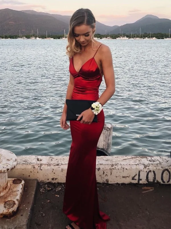 Discount Extravaganza V Neck Mermaid Backless Burgundy Long Prom Dresses, Backless Mermaid Burgundy Formal Dresses, Mermaid Burgundy Evening Dresses