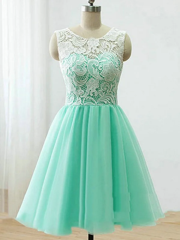 New Deals A Line Round Neck Short Green/Yellow/Blue Lace Prom Dress, Short Lace Bridesmaid Dress, Homecoming Dress