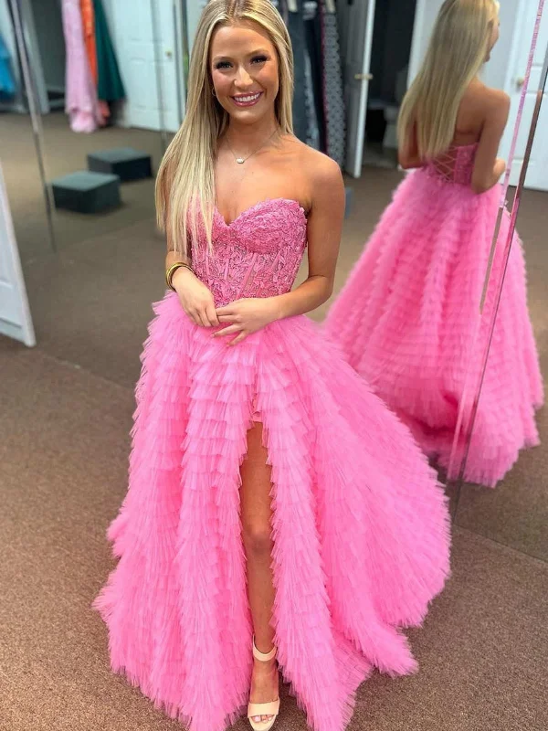 relaxed fit dressrelaxed fit dressPrincess Strapless Ruffle Pink Lace Long Prom Dresses with Side Split, Pink Lace Formal Evening Dresses, Pink Ball Gown SP2858