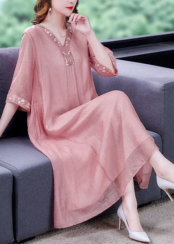 Act Fast Women Pink V Neck Embroideried Cotton Vacation Dresses Summer