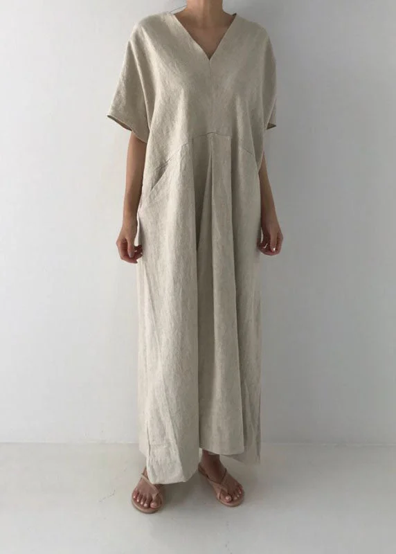 elegant shift dresselegant shift dressBeige Cozy Linen Holiday Dresses V Neck Pockets Summer