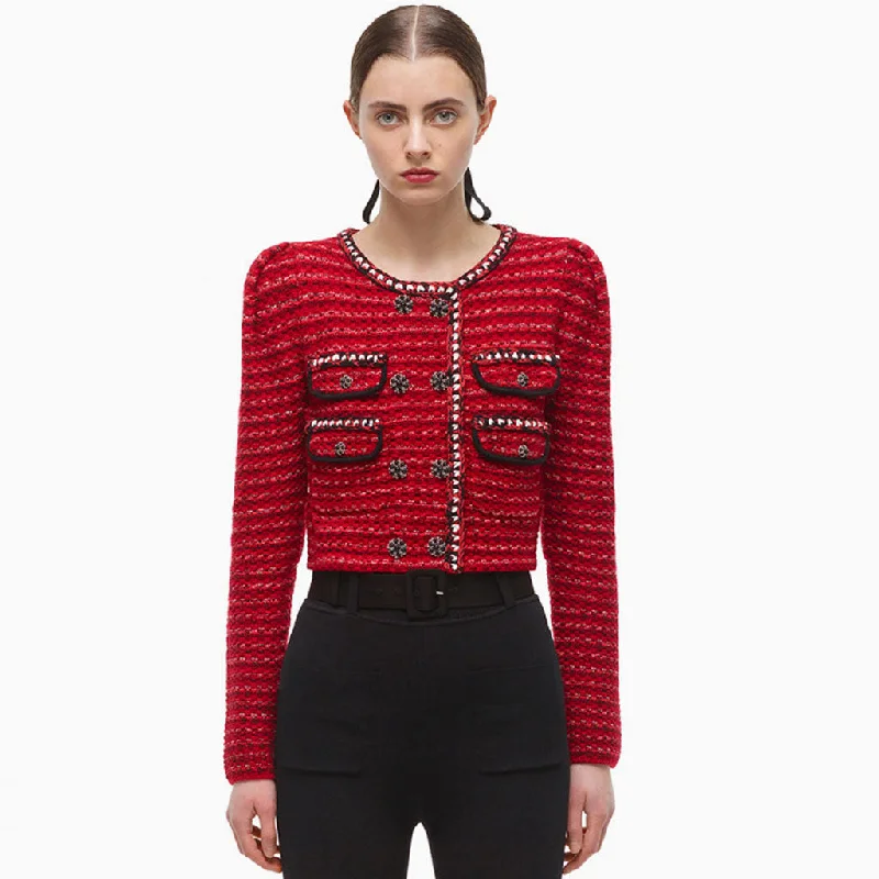 Can't Miss Luxury Scoop Neck Long Sleeve Double Breasted Cropped Cardigan - Red