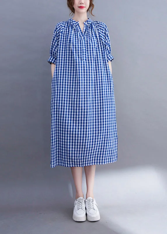 casual summer dresscasual summer dressOrganic Blue V Neck Plaid Cotton Long Dress Summer