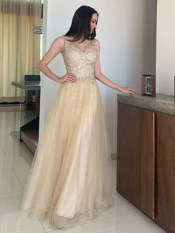 Inventory Reduction A Line Round Neck Champagne Lace Long Prom Dresses, Champagne Lace Formal Graduation Evening Dresses